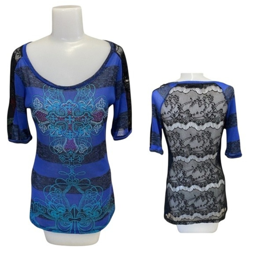Angels & Diamonds Cross Goth Lace Grunge Whimsygoth‎ Top Blue Black Medium